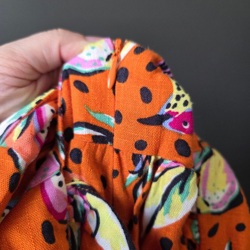 Kourt Small Orange Tropical Print Ruffle Mini Babydoll Dress Linen Blend Boho - Picture 5 of 8
